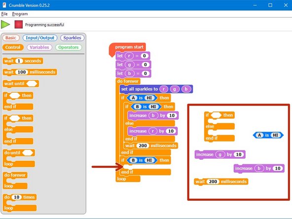 This is because the second IF block is still true if we are holding down both switches, so g is also increased by 10.