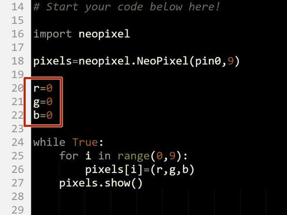 Before we can test it, we need to set r,g, and b to something other than 0, or the sparkles won't do anything!