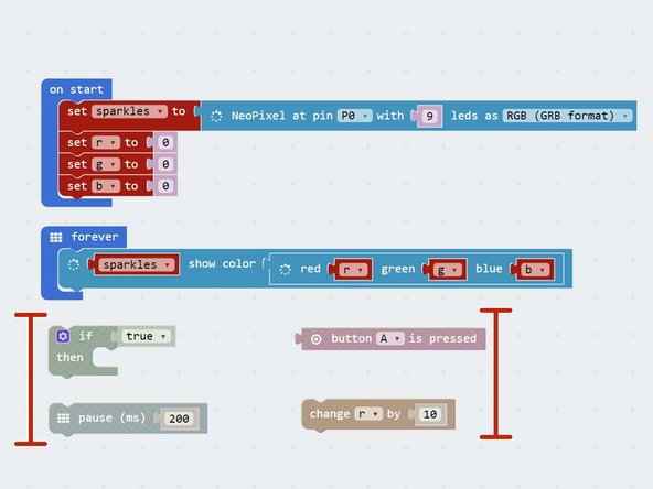 Now let's add some blocks to let us change the colour of the Sparkles using a button.