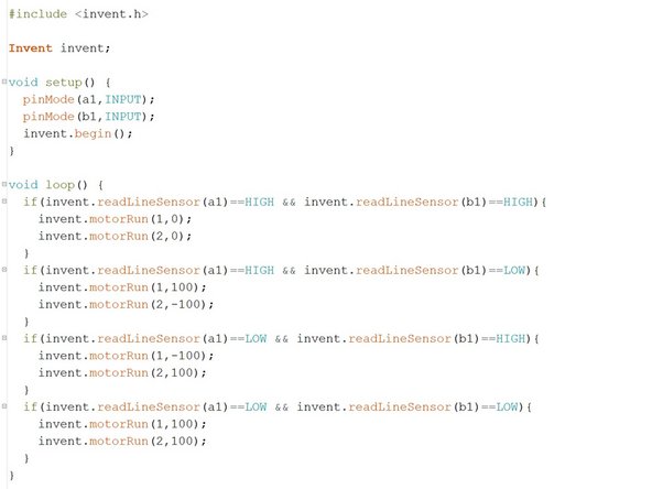 Load up your 2 sensor line follower code - it should look similar to the one in the picture.