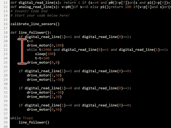 Let's merge our code with the 2 sensor line follower program to deal with simple breaks in the track.