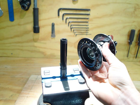 At this point the hub is most of the way apart, you can service bearings, replace worn parts or just clean things up