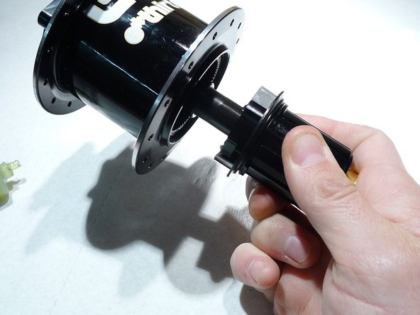 Slide the axle and freehub assembly into the hub shell