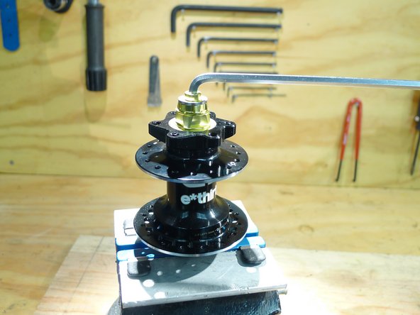 While holding the axle in the vise, loosen the non-drive endcap by turning it counter-clockwise