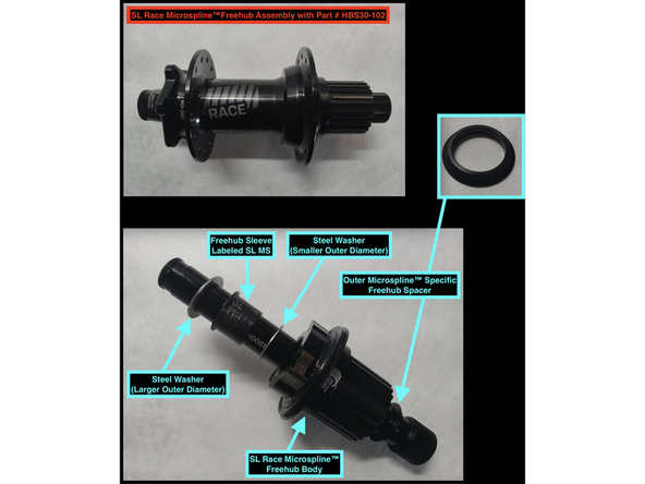 Microspline™ freehubs require an outer washer/spacer. These are directional and the side shown in the second image should be facing away from your freehub body towards the Driveside (R) Axle-end.