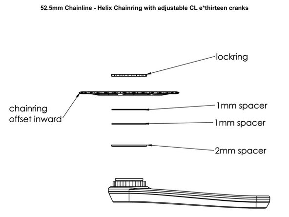 Helix chainrings are 1mm thinner at the crank mounting location than UL or SL rings. A 1mm spacer is supplied with all Helix chainrings to account for this difference when a Helix ring is installed on a TRS/LG1 crank with adjustable chainline. This spacer MUST be used in addition to the 3mm worth of spacers already found on the crank.
