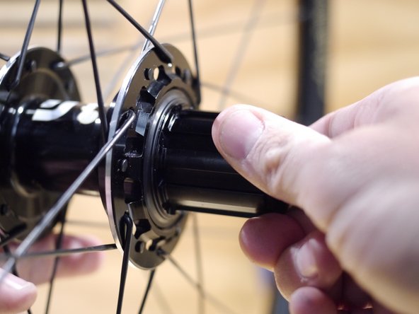 Turn the freehub body counter-clockwise to compress the pawls into the ratchet ring in the hub shell