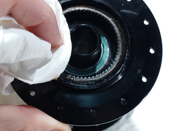 At this point the hub is most of the way apart, you can service bearings, replace worn parts or just clean things up