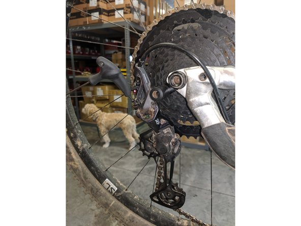 Slowly pedal the cranks forward and shift the derailleur to the lowest gear position, so that the chain is on the largest cassette sprocket.