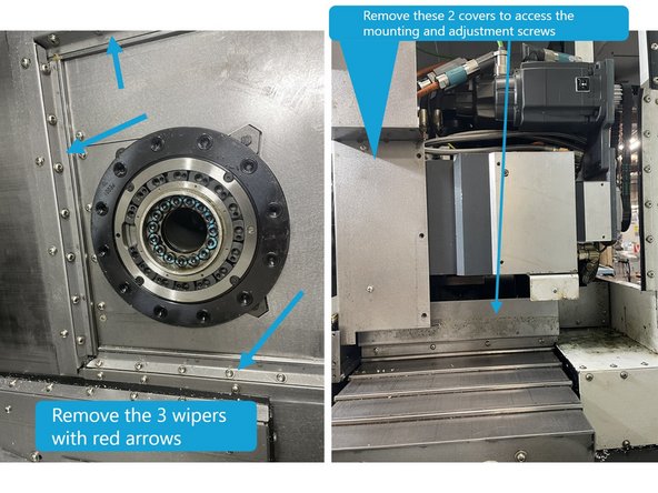 To access the turret mounting and adjsument screws remove the 3 wipers and 2 covers shown in photo 1.