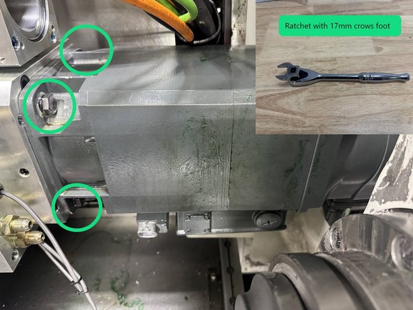 Now loosen the (4) 17mm Hex Head screws that mount the Gearhead Motor. To access the 2 rear screws, you will need a 17mm Crows foot and a ratchet to get them loose. At this time snug the front 2 screws and remove the rear 2 screws.