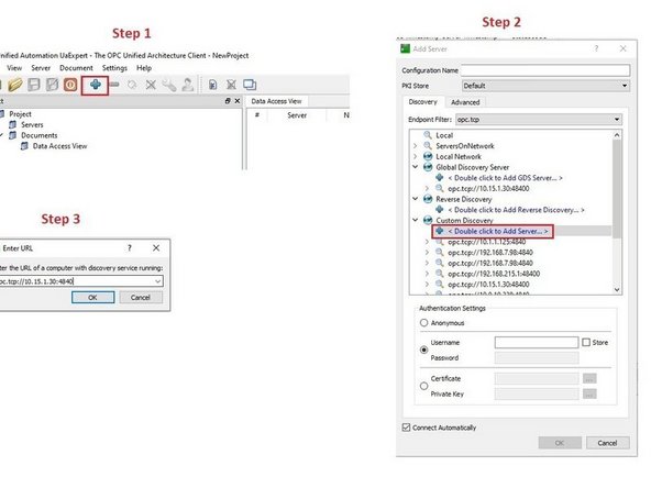 In the UaExpert screen, press + icon on the top of the screen. In the window double click on Double click to Add Server. In Enter URL screen, enter IP address of the control:4840. In this case IP address of Siemens control is 10.15.1.30, so 10.15.1.30:4840 is entered. You need to enter IP address of the control that you are working on.