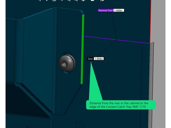 Next place the coolant catch tray up against the jigs on the lower rail plate and place the tool SWI-TOOL-075-1 under the coolant tray on each end to hold it in place against the -2 or -3 jigs as seen in image 1.