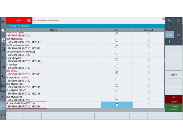 Obtain the license zip file containing the OPC UA license (6FC5800-BP76-0Yx0 / MCS314).
