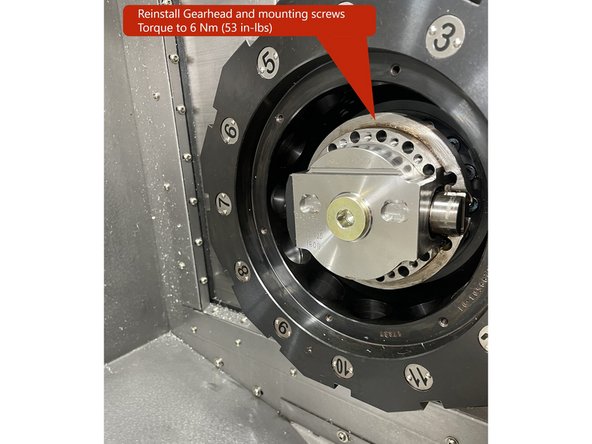 Reinstall the gearhead and all 16 screws. You will need to rotate the Gearhead 360 degrees to access all 16 screws. Torque the screws to 6 Nm (53 in-lbs) in a crossing pattern.
