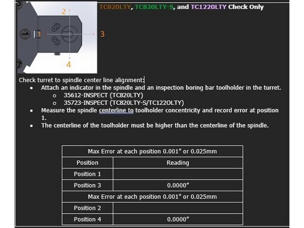 Attach an inspected Boring Bar Tool Holder to the Turret, the offset between the turret face and center of the bore must be known. Install the 5C collet chuck onto the spindle face. Using a high accuracy 5C Collet install a Co-Axial dial indicator so it is centered on the Spindle rotary axis.