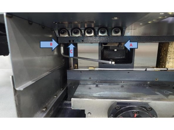 To adjust the vertical accuracy use the screws marked with the arrows in Photo 1. You can loosen C to adjust B or tighten C to adjust A to get the accuracy back to within 0.0004" (0.01mm).