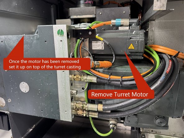 The next step in the removal of the turret is removing the Turret Motor. It is mounted to the turret casting  by 4 M6 SHCS. You can leave the motor and encoder cables connected, just cut the zip ties attaching the cables to the coolant line and set the motor on top of the turret casting.