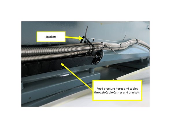 The Cable Carrier helps organize the Turret Logic Cable and pressure hoses, as well as keeps them in position as the table travels back and forth. There are brackets every 18&quot; or so to keep the Turret Logic Cable and pressure hoses in position. Feed the Turret Logic Cable and pressure hoses through each bracket.