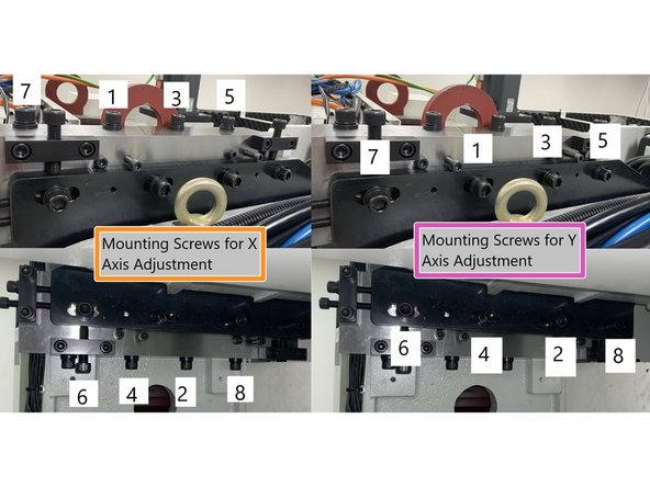 Now loosen the X Axis mounting screws and snug them  and using the push pull adjustment screws for the X Axis, adjust the ATC to where the X Axis is aligned with the spindle. You will probably need to go back and forth a few times loosening and tightening the X and Y mounting screws and adjusting the ATC until it is aligned. See Photo 2