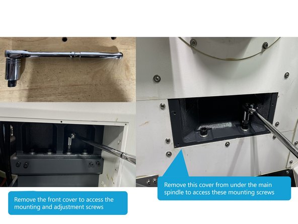 To adjust the main spindle you need to loosen the screws attaching the spindle to the main casting. To do this you will need a long 1/2 drive ratchet and a stubby 14mm hex driver socket. Loosen all 10 screws and then retorque to 60 in-lbs (70 kgf.mm). Photos 1 and 2 show the screw locations.