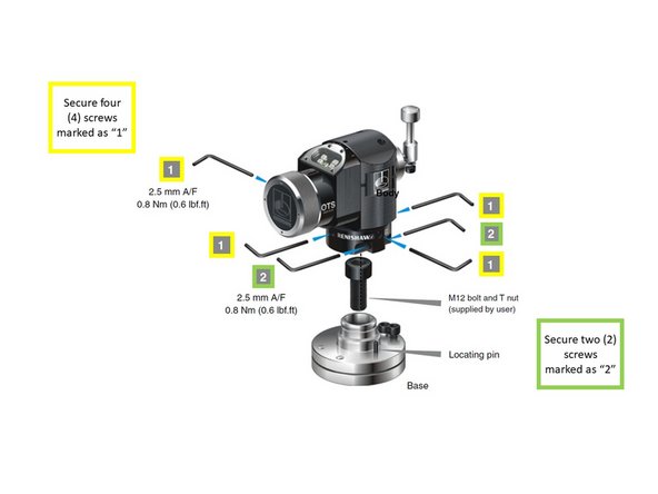 Reinstall the OTS Body onto the Base by tightening the four screws labeled "1". Torque to 0.6 lbf-ft.