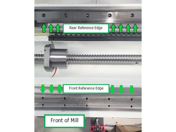 Lift and prepare table for re-installation. Lightly stone all 4 mounting surfaces and reference edges on bottom of table that mount to blocks to ensure they are flat and free of burs. Wipe surfaces clean. Space bearing blocks on rails to match the bolt hole pattern of table.