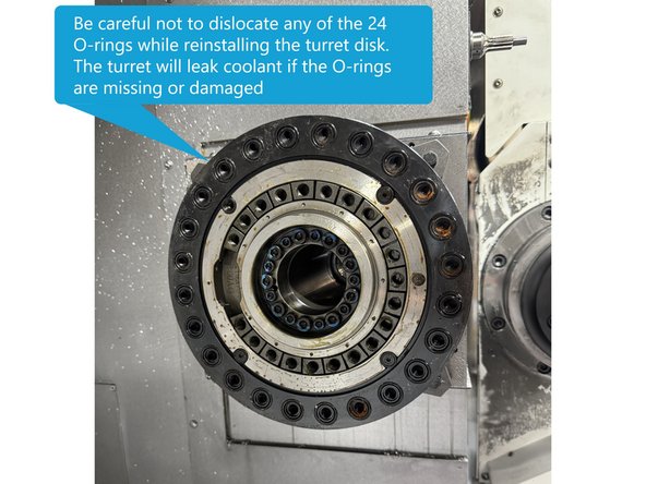 Lift the turret disk with the lifting device and align it with the turret, then slowly press the disk onto the turret watching that the large O-ring in the center of the turret disk  doesn't get knocked out or pinched between the turret and the disk