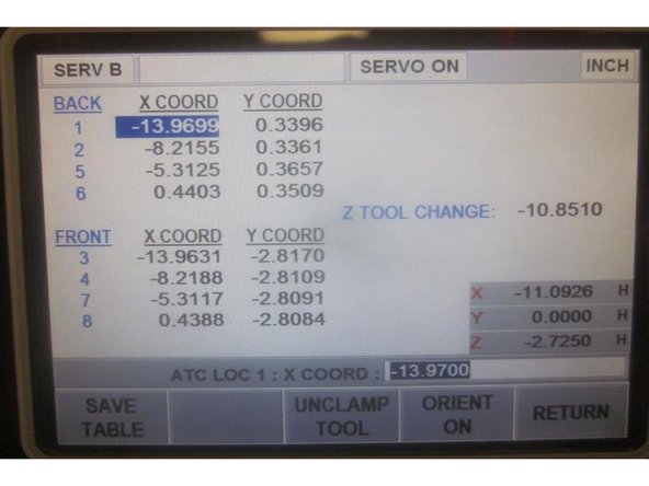 Using the co-axial indicator jog X and Y to the coordinated numbers for the number 1 position. Write down the X and Y numbers. Raise the Z axis, change to position 6 and repeat. Adjust the magazine so the &quot;Y&quot; numbers for position 1 and 6 are within .020&quot; of each other.