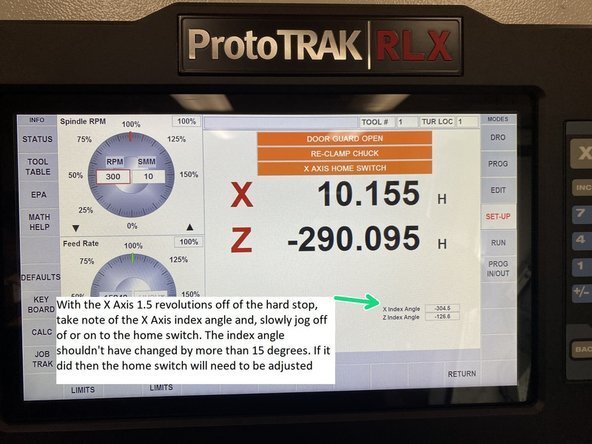 Note: With the exception of homing the machine, the following steps to adjust the home switch and index angle are all performed in service code 505.