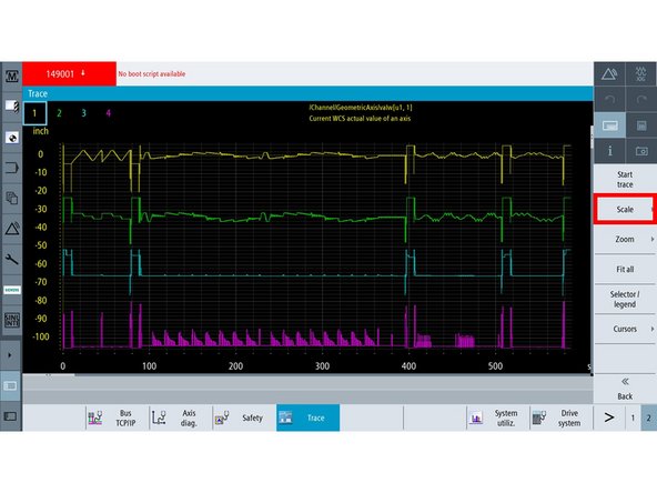 Back to the "Trace" window, press VSK "Scale" to enable the Scale feature, which can be used to accurately highlight a section of a Trace.