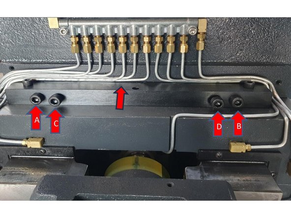 To adjust the Horizontal accuracy use the screws marked A, B, C &amp; D below. You can loosen A to adjust C or loosen B to adjust D to bring the horizontal accuracy back to within 0.0004" (0.01mm).