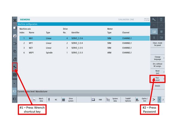Manufacturer access level is required in order to change machine settings. Enter the manufacturer login credentials via the following steps:
