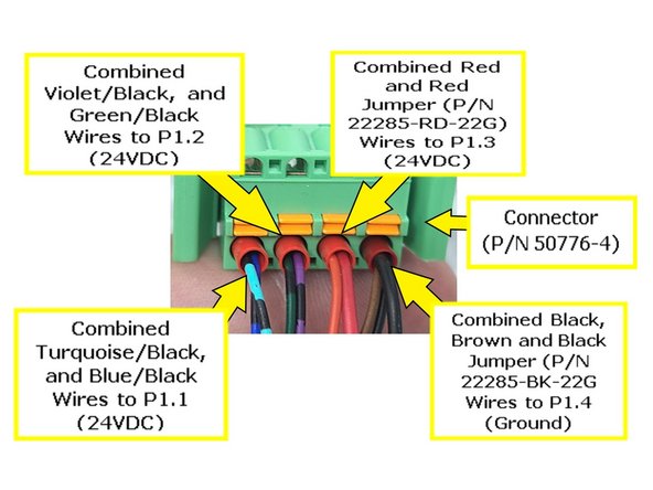 Reconnect the wires to the Female Terminal Block Connector (P/N: 50776-4) as shown in the image.