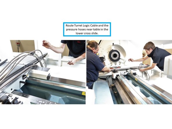 Tip: Extend the table toward the far end, and route the Turret Logic Cable and pressure hoses through the brackets. Then move the table closer to the spindle, and the cable and pressure hoses will make the turn. It is difficult to route the cable and pressure hoses by hand through the brackets while the Cable Carrier makes its 180 degree turn.