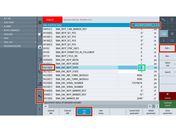 [Setup]-&gt;[Mach Data]-&gt;[Axis MD]-&gt;[Axis + (AX8:MSP2)]-&gt;[Search]-&gt;[34210]