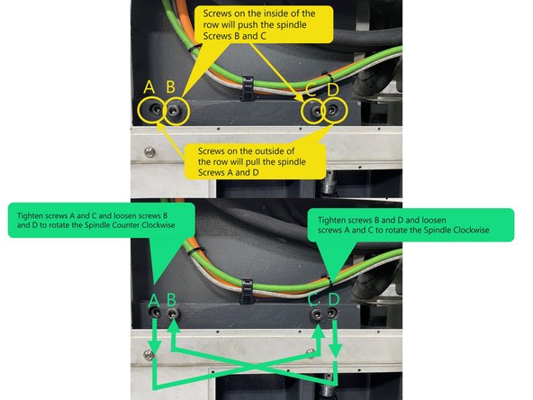 To align the Sub Spindle Horizontal Accuracy there are 4 screws in the base casting, two screws to push the spindle and 2 screws to pull it.