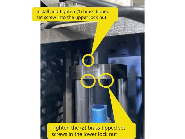 Once the bump out has been adjusted and the (4) M5X40 SHCS have been tightened, install (1) brass tipped set screw into the upper lock nut and tighten, then tighten the (2) brass tipped set screws in the lower lock nut.