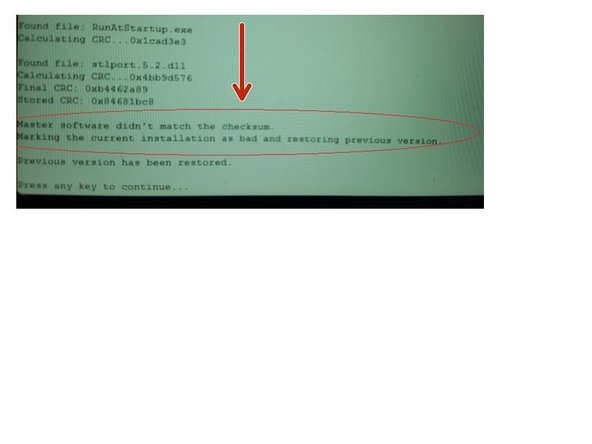 However, keep in mind that the symptom may vary due to the nature of the underlying problem. It’s possible that the software update could finish copying over the software, but then fail the CRC check. It would look something like Image 1.