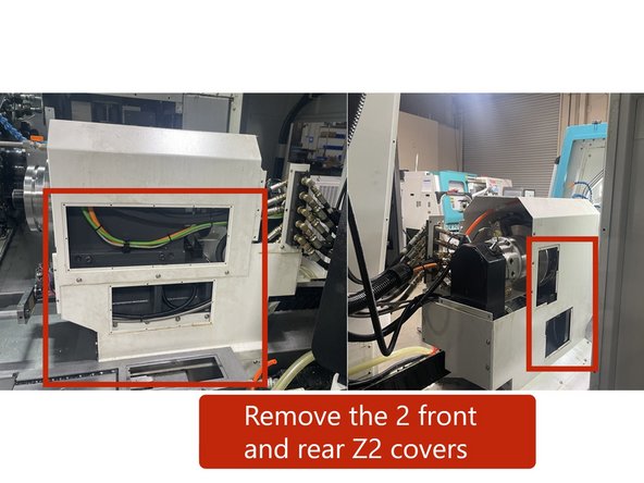 Remove the covers marked in red in photo 1 on each side of the Z2 Spindle assembly.