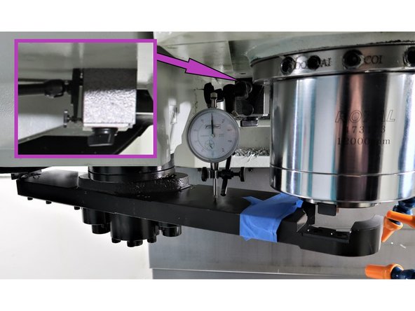 The dial indicator on the arm with an inset photo taken from the right side of the mill to show where on ram casting to locate magnetic base.