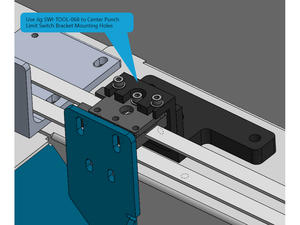 Next you need to install the Home/Limit switch. Using Jig P/N SWI-TOOL-068, open the door all the way and install the Jig to the door bracket. Now with a center punch mark the hole locations through the bushings in the Jig. Finally drill and tap the holes for an M5X0.8 6H thread.