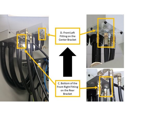 From the rear bracket, continue the coolant line by installing a 2 M hose at the bottom of the front right fitting (labeled as &quot;C&quot; on the second left image), and installing the other end to the front left fitting on the center bracket (labeled as &quot;D&quot; on the second left image).