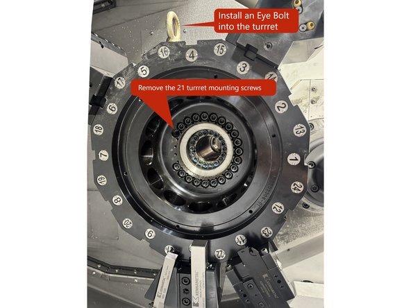 Now that the Gearhead has been removed, the Turret Disk can be removed. Install an Eye bolt into the Turret Disk so that you can attach a crane or other lifting device.
