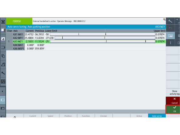 Press [OK] to open the Auto Servo Tuning: Axis Parking Position screen.