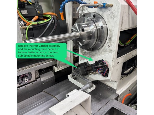 To adjust the Sub Spindle horizontal accuracy you need to loosen the (4) M20 screws attaching the spindle to the sub spindle casting. To do this you will need a long 1/2 drive ratchet and a stubby 17mm hex driver socket.