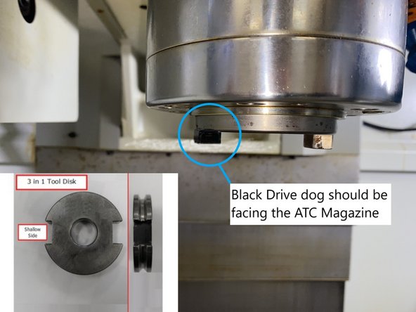 On machines equipped with a black drive dog install the dog in the spindle facing towards the ATC arm. It is used as a reference of where the shallow side of the CAT40 tool holder should be placed when installing tools into the spindle and magazine.