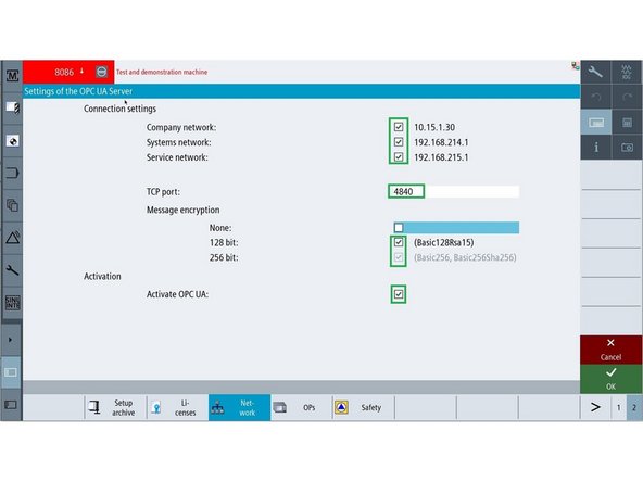 Press Vertical Soft Key(VSK) Settings. In the Settings page make changes as shown in Green boxes and press OK. Press Back VSK to get back to the main OPC UA page.