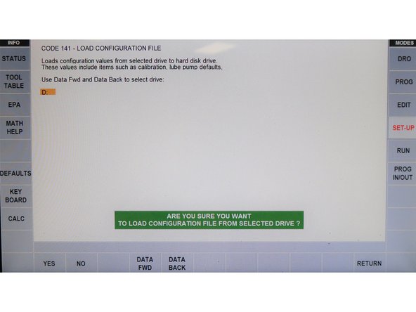 Run Service Code 141 to load the new configuration back into the machine. You will see a message confirming your interest to load a file from the USB. After the file uploads into the mill, you will be asked to cycle power.