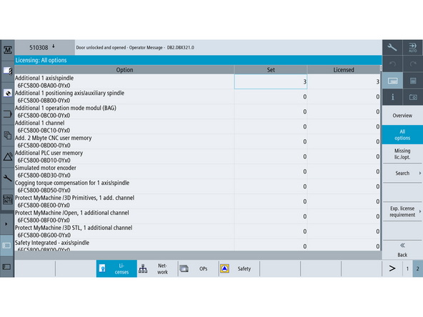 Navigate to [Setup] → [Page 2] → [Licenses] → [All Options].